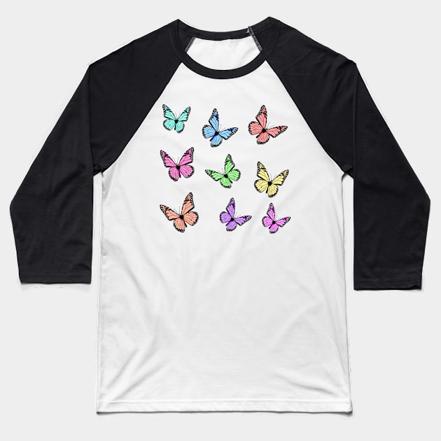 Rainbow Pastel Butterflies Baseball T-Shirt by HeavenlyTrashy